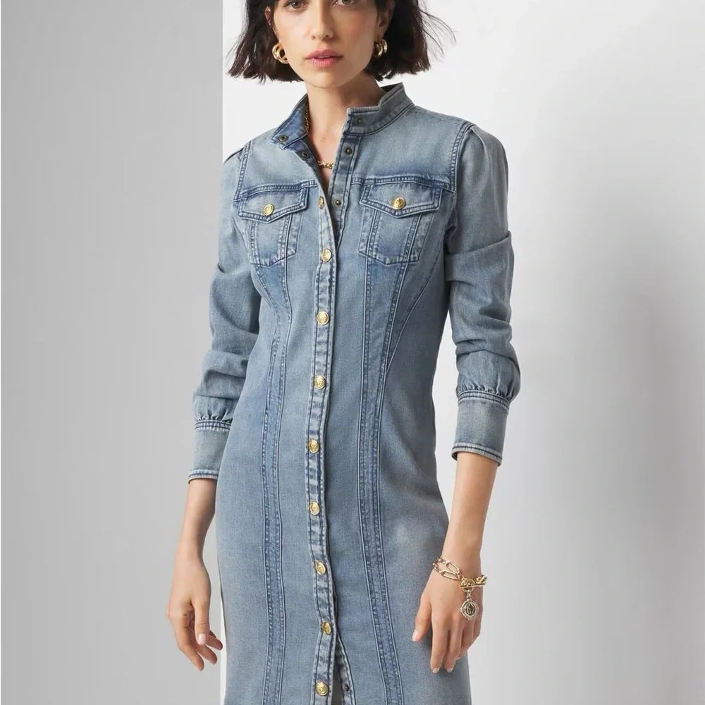 White House Black Market Denim Dress with Gold Accents - Picture 2 of 6